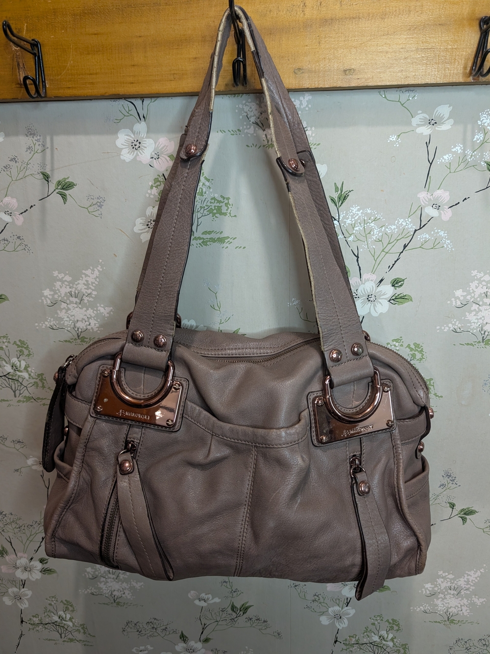 Woman's B Makowsky Taupe Pebbled Leather Shoulder Satchel Handbag